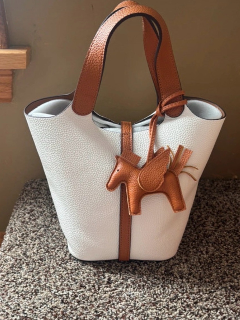 New Kadynow vegan leather bucket White and Tan Leather Bag with Pony Charm